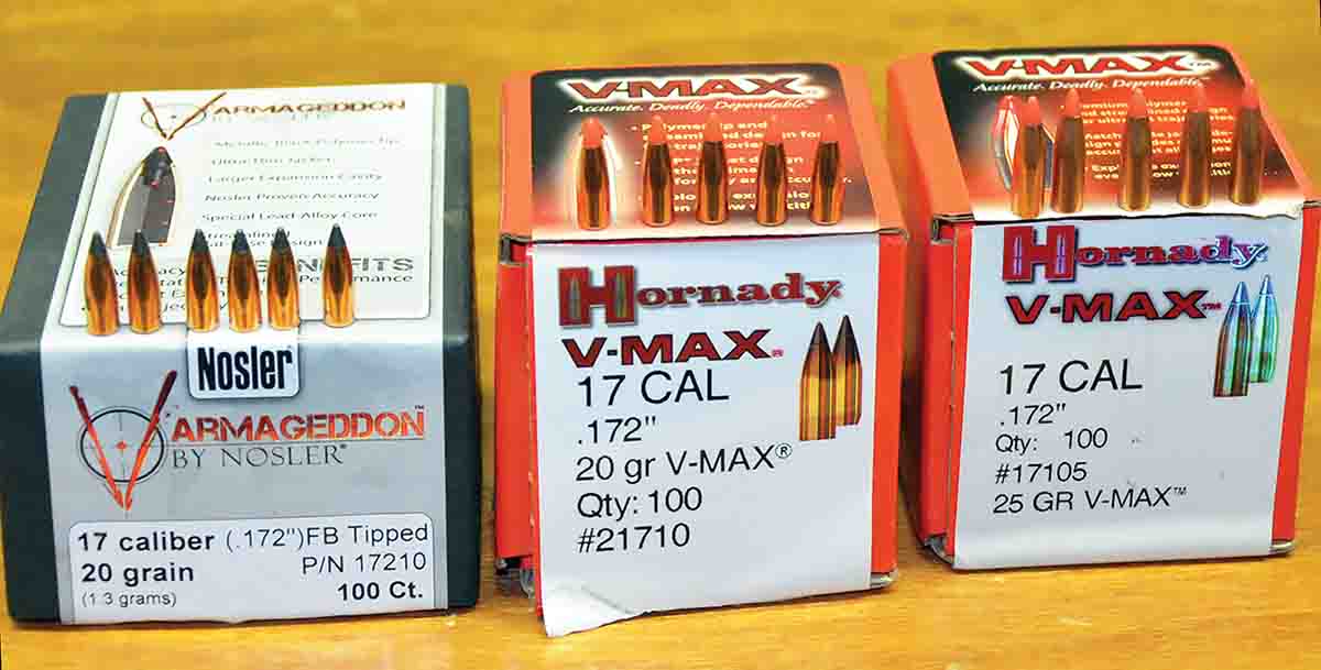 Hornady replaced the 25-grain hollowpoint with a 25-grain V-MAX that does a better job of expanding at great distances and shoots flatter due to a 23 percent improvement in ballistic coefficient (BC). The 20-grain V-MAX has about the same BC as the old 25-grain hollowpoint but due to its lighter weight, it can be pushed 200 to 300 fps faster. Nosler 20-grain Varmageddon bullets are available in flatbase hollwpoint and flatbase-tipped variations.